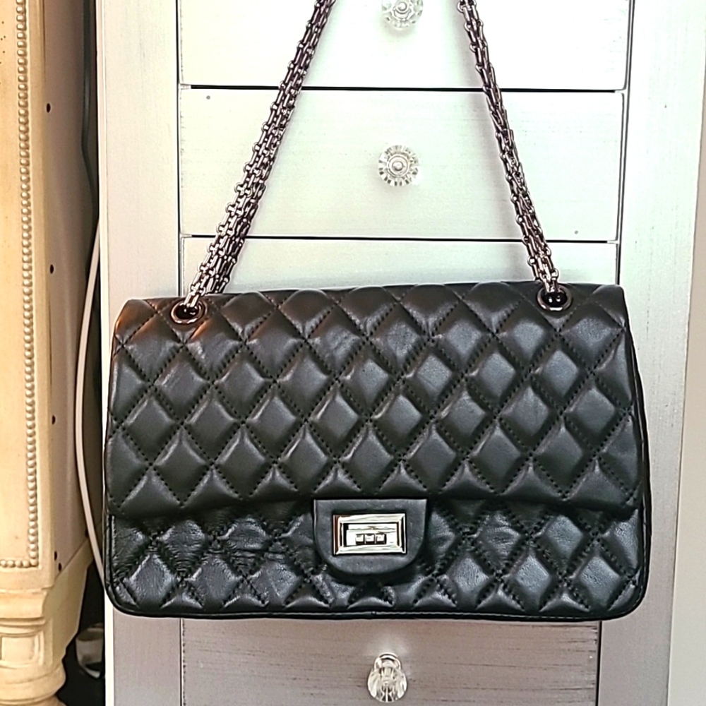 NWOT Quilted Leather Double Flap Shoulder Bag w/ Chains